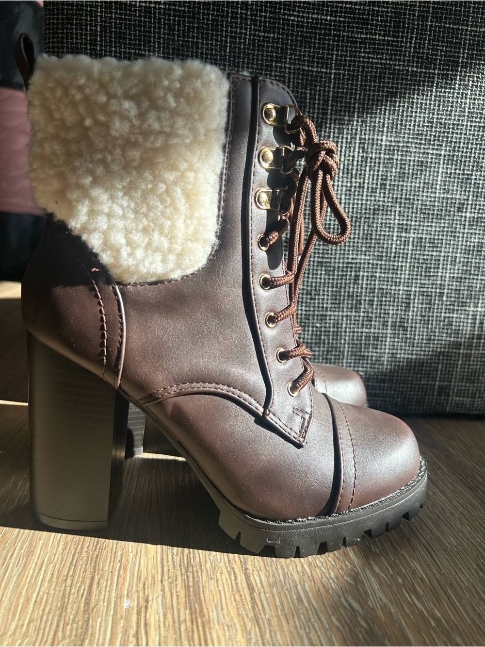 Women’s Brown Faux-Shearling Lace-Up Platform Boot